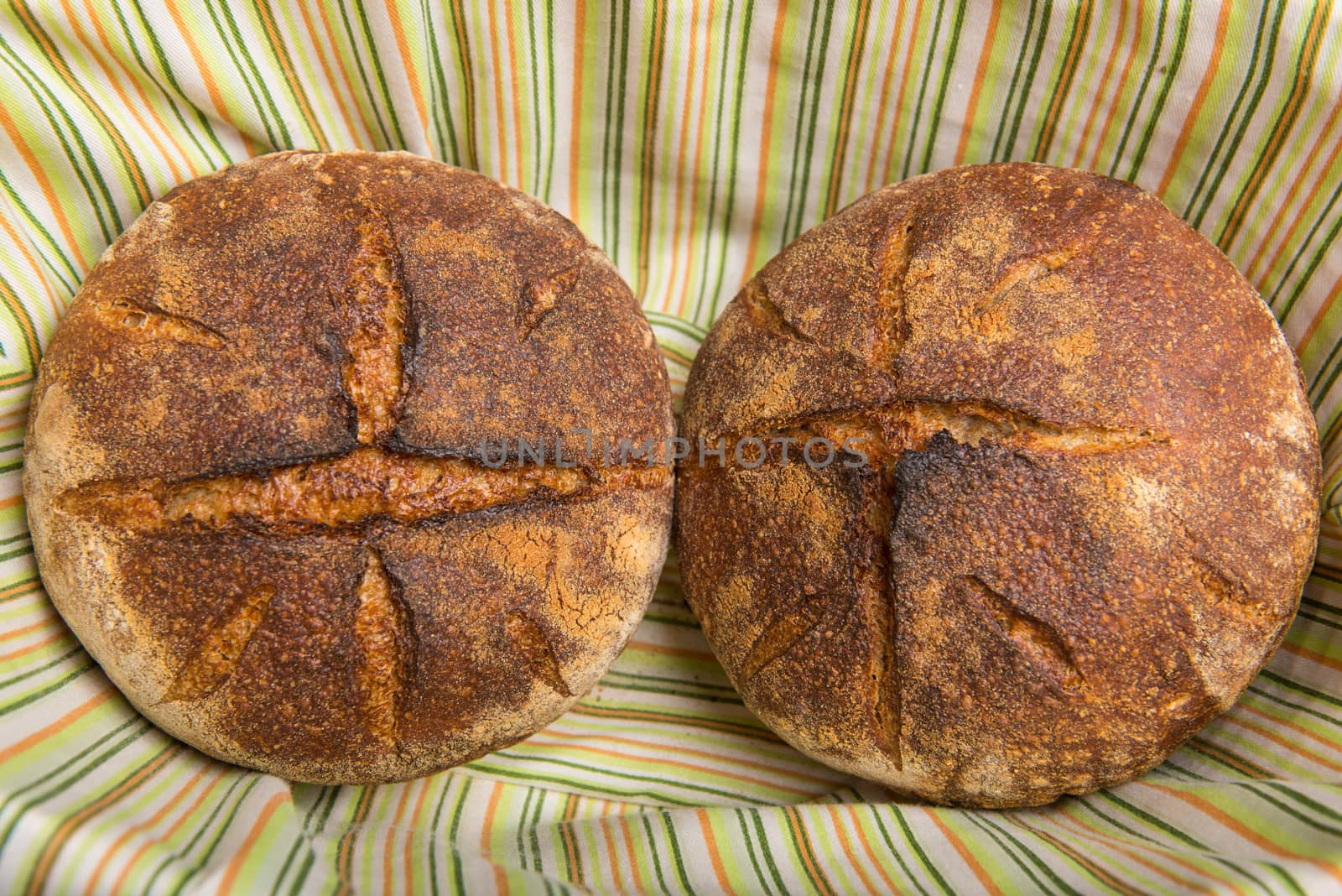 Fresh baked loafs of round artisan sour dough bread in a bread basket.