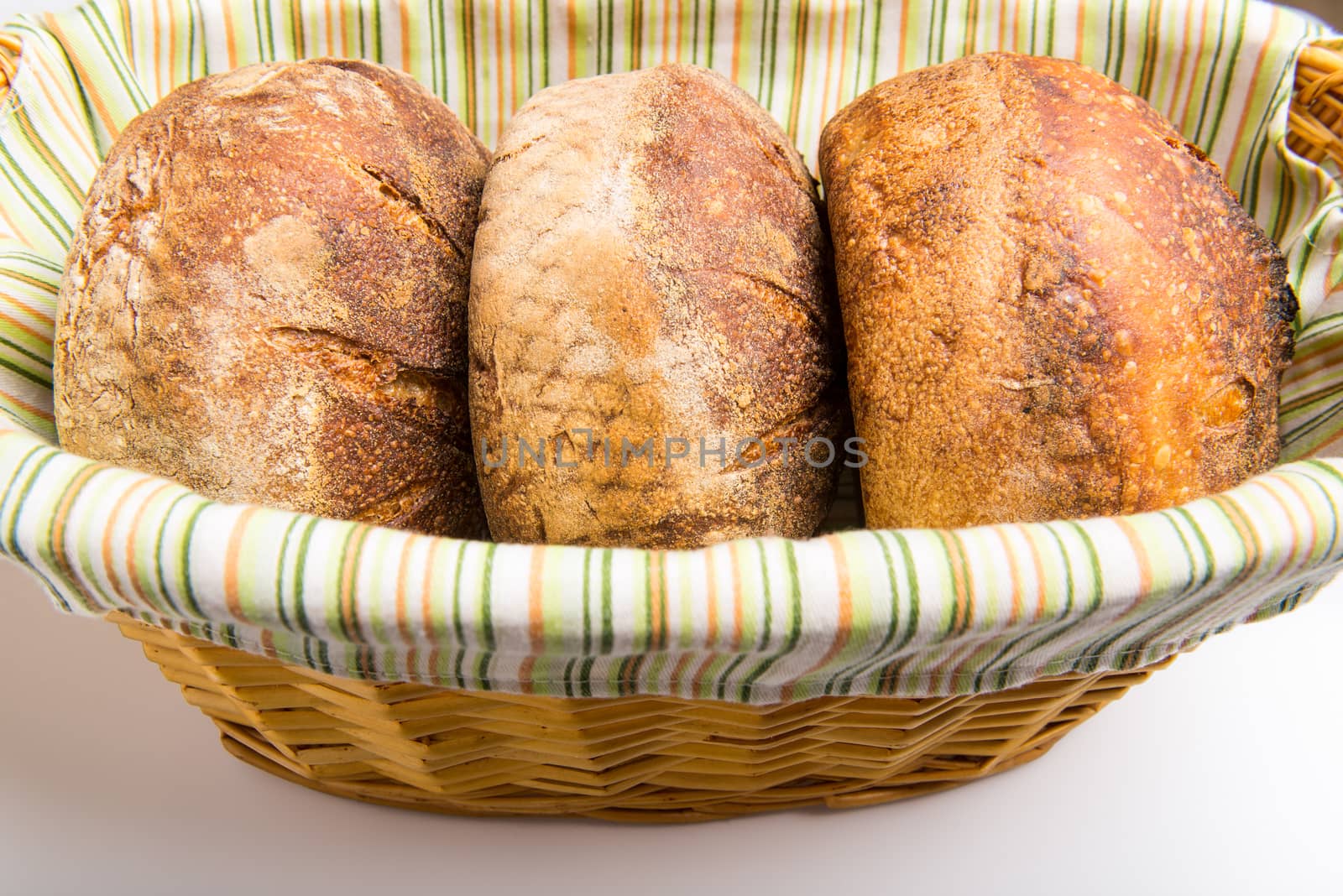 Fresh baked loafs of round artisan sour dough bread in a bread basket.