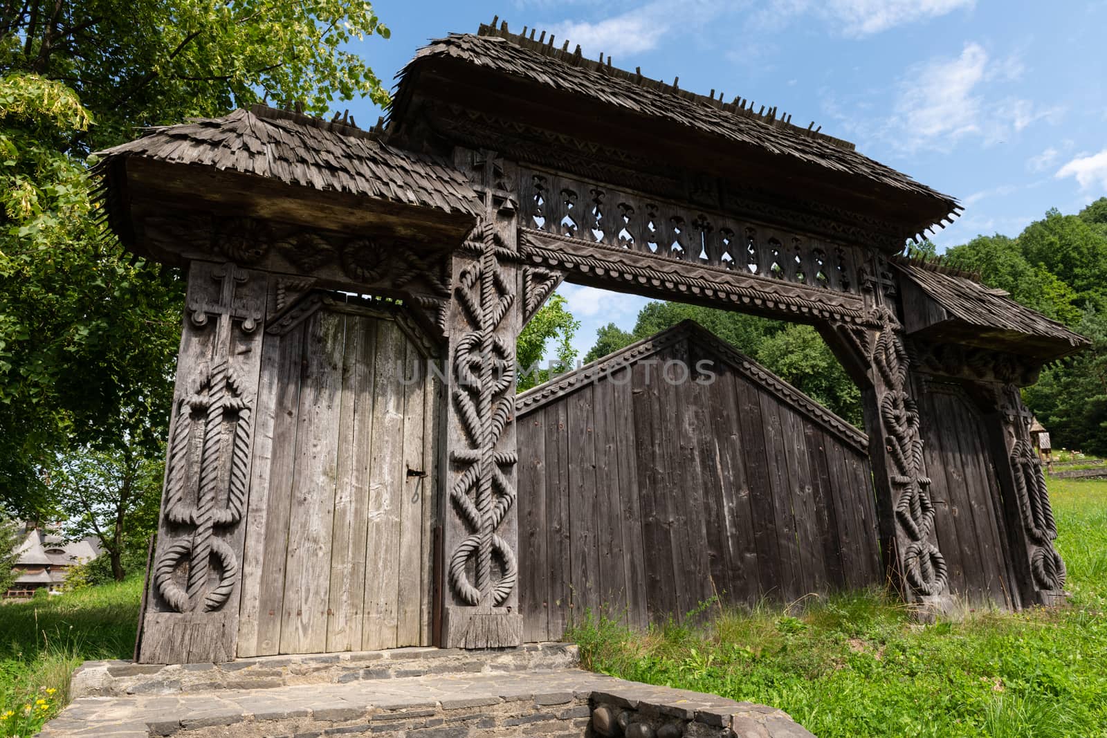 Barsana Monastery Architectural Detail - Traditional Wooden Carved Gate (Maramures, Romania).