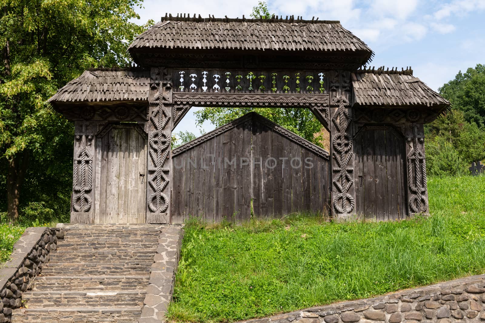 Barsana Monastery Architectural Detail - Traditional Wooden Carved Gate (Maramures, Romania).