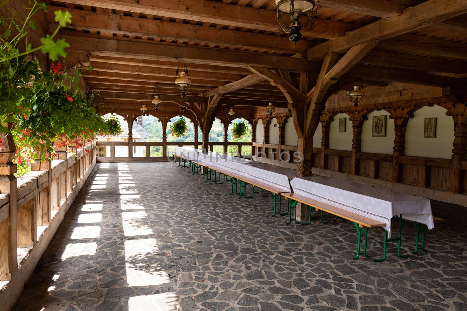 Barsana Monastery Architectural Detail - Dining Balcony (Maramures, Romania).