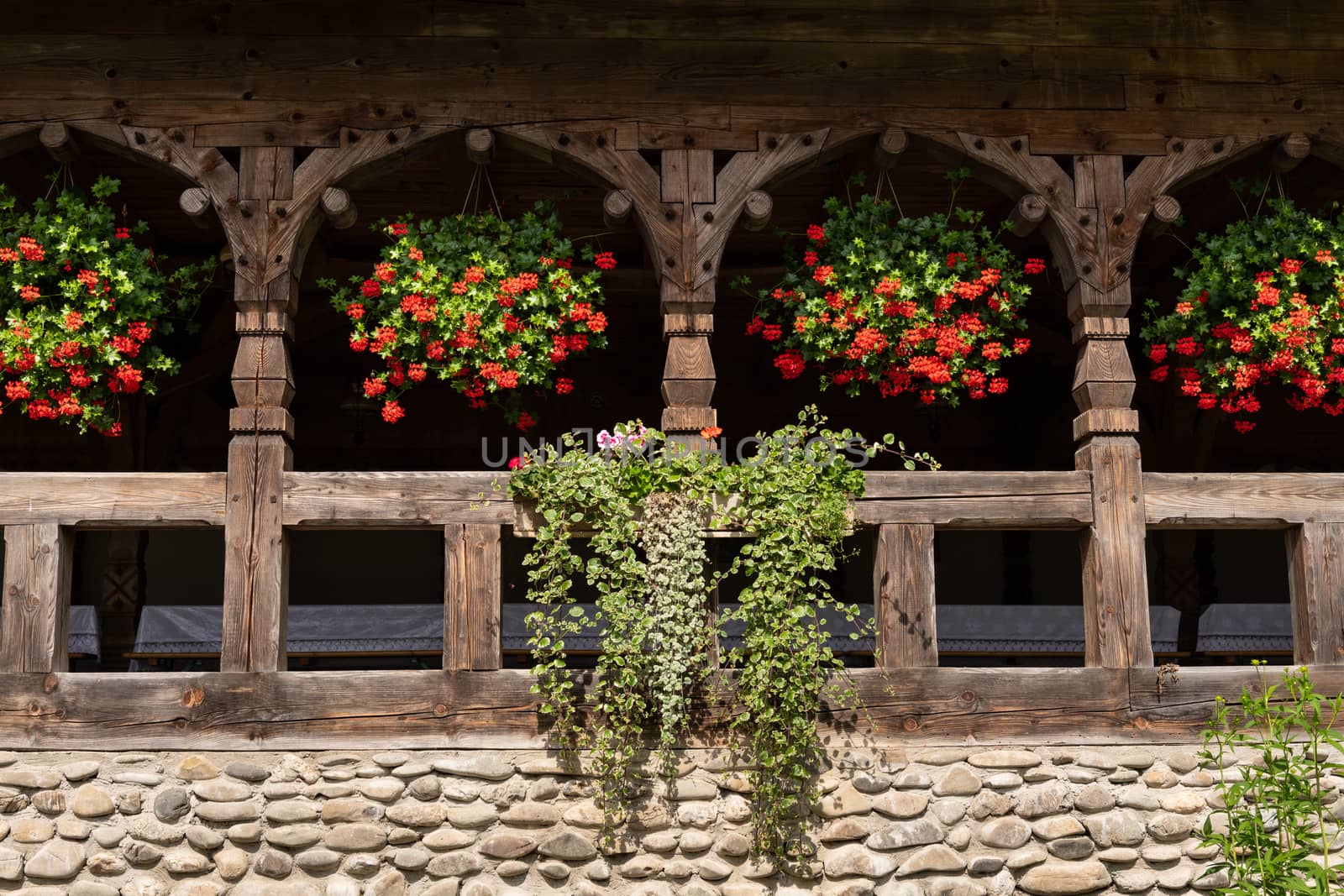Barsana Monastery Architectural Detail - Balcony with Flowers(Maramures, Romania).