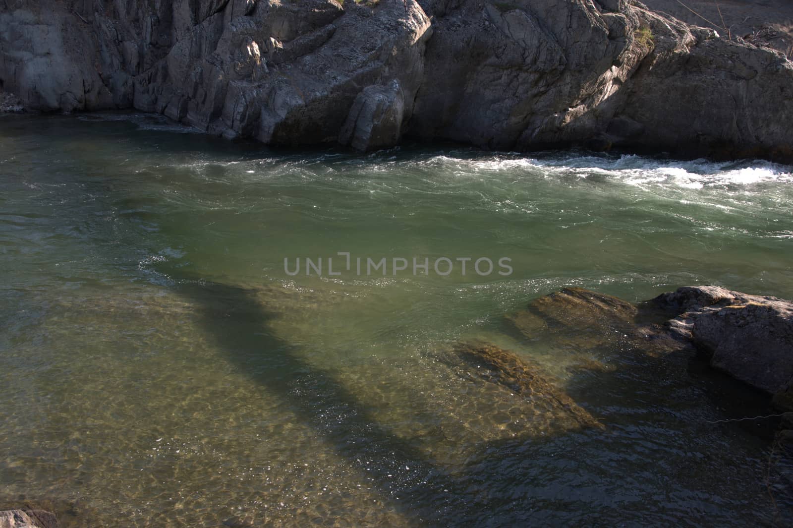 The raging stream of the mountain river Chemal flows through the rocky shores. Altai, Siberia, Russia.