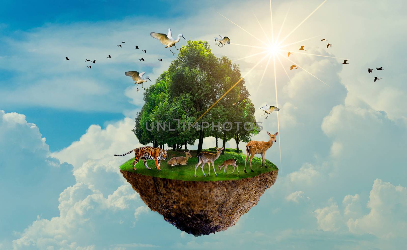 forest tree Wildlife tiger Deer Bird Island Floating in the sky World Environment Day World Conservation Day Earth Day by sarayut_thaneerat