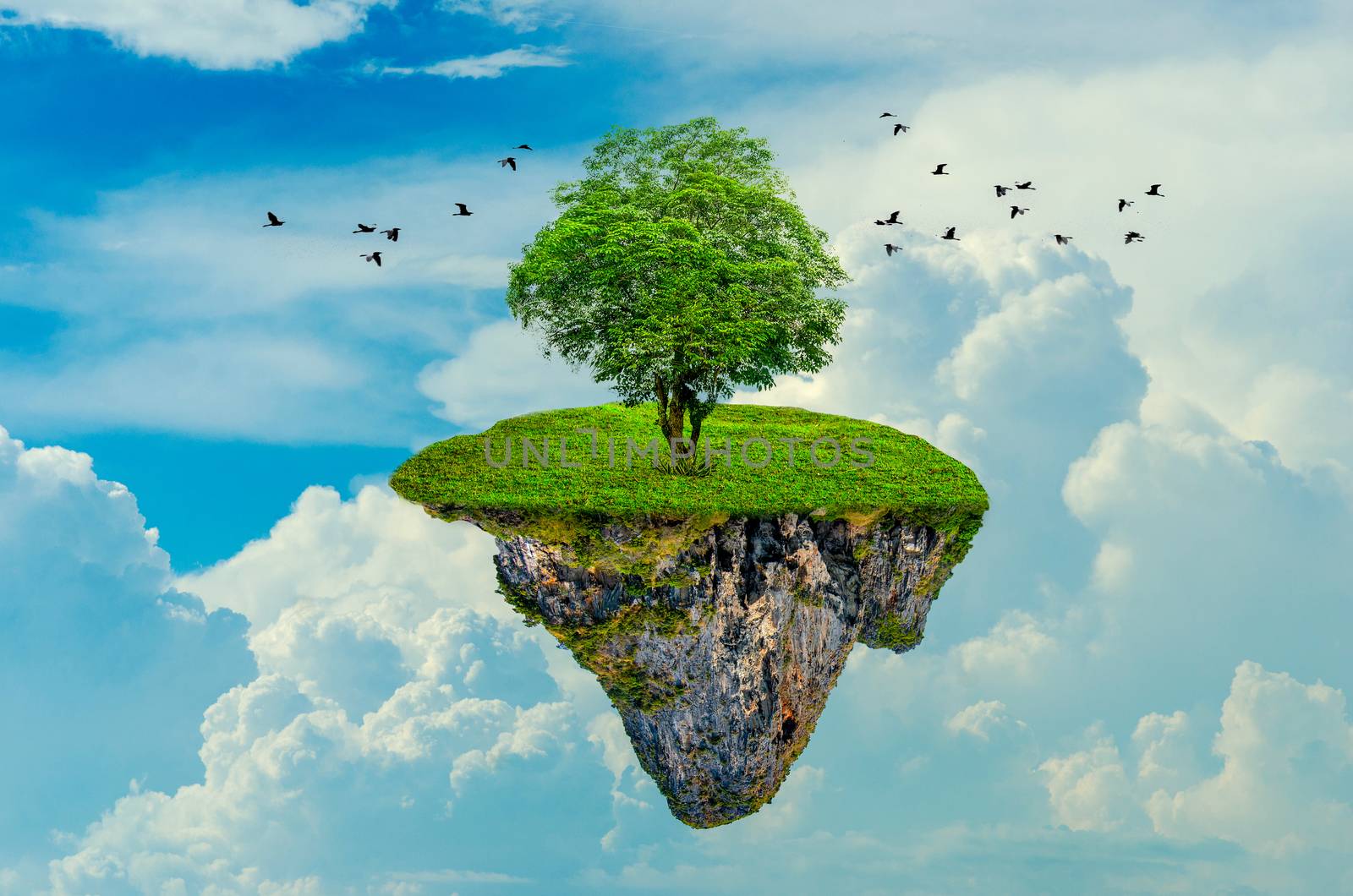 The island floats in the sky with 1 tree on the island. 3D