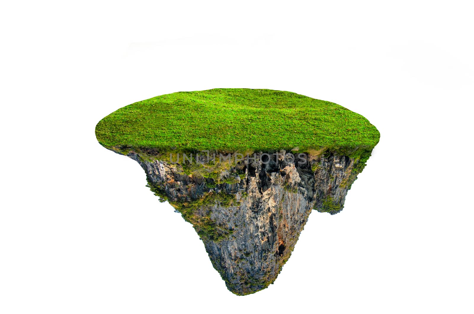 fantasy floating island with natural grass Isolate