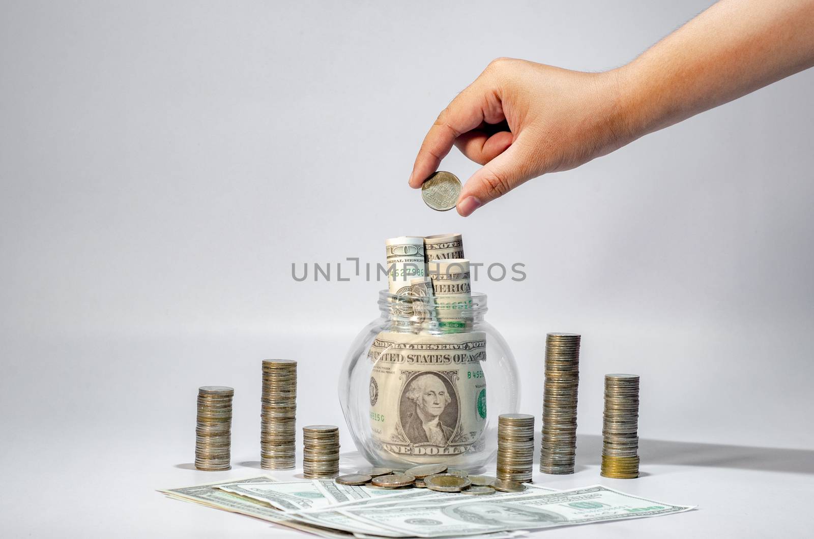 hand Money growth Saving money. Upper coins to shown concept of growing business