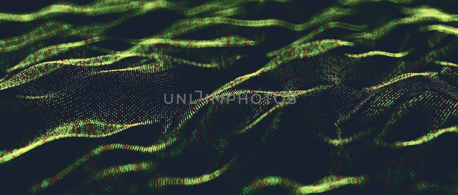 Abstract futuristic light wallpaper background design. Science dark pattern with structure mesh and circles. Modern business space dots illustration with bokeh. 3D render by Shanvood