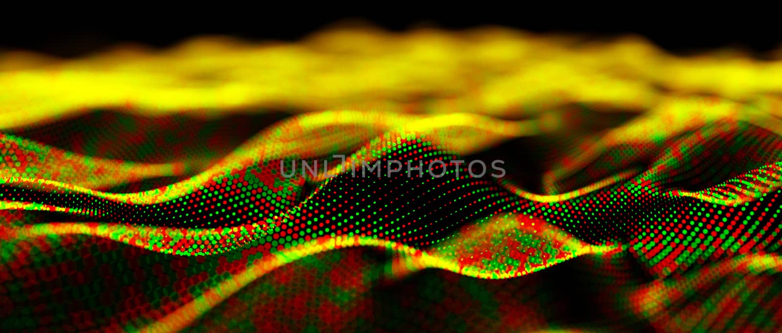 Abstract big data futuristic light wallpaper background design. Science dark pattern with structure mesh and circles. Modern business space dots illustration with bokeh. 3D render by Shanvood