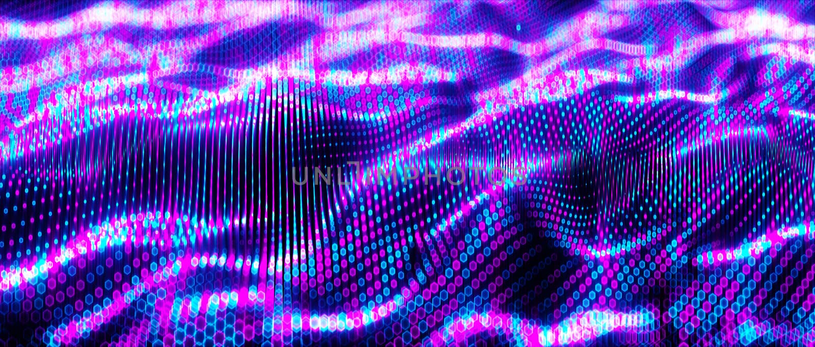 Abstract big data futuristic light wallpaper background design. Science dark pattern with structure mesh and circles. Modern business space dots illustration with bokeh. 3D render by Shanvood