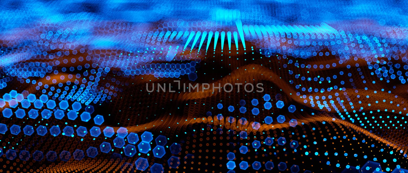 Abstract big data futuristic light wallpaper background design. Science dark pattern with structure mesh and circles. Modern business space dots illustration. 3D render