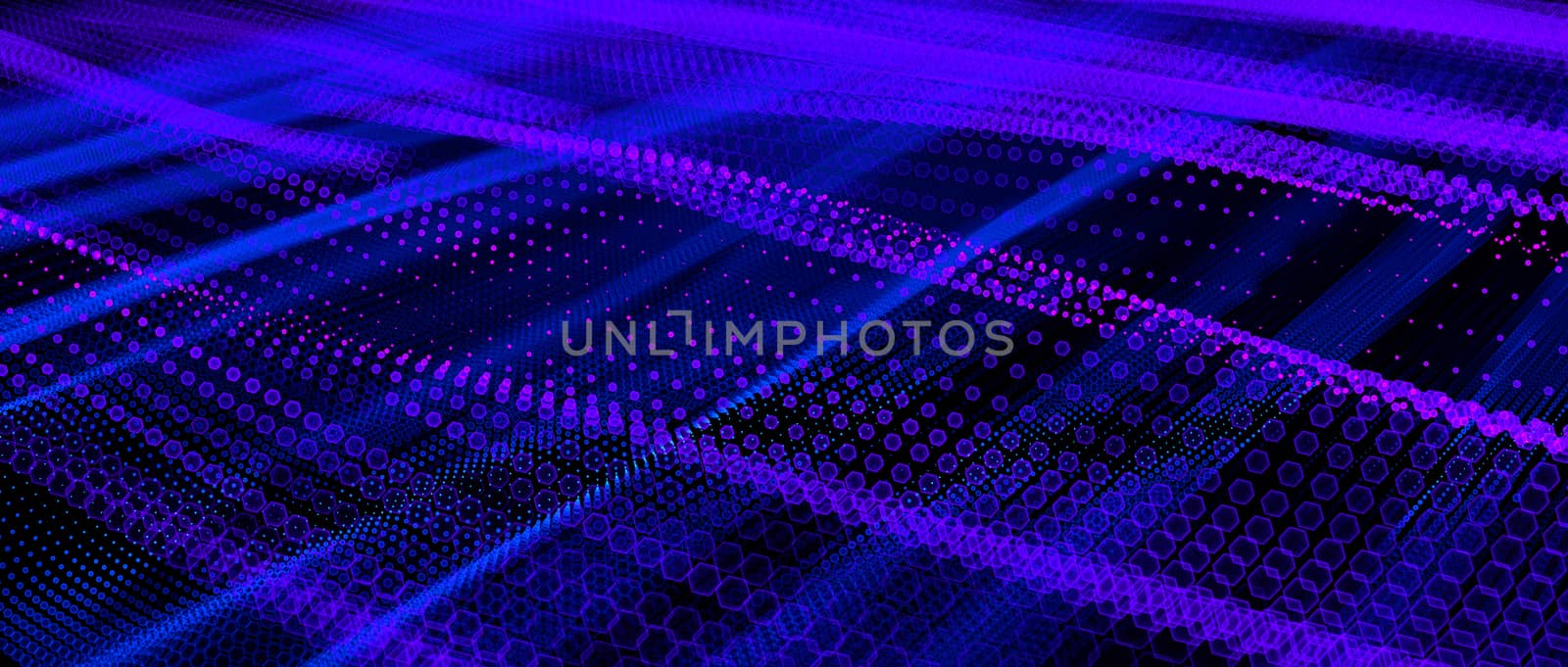 Abstract big data futuristic light wallpaper background design. Science dark pattern with structure mesh and circles. Modern business space dots illustration with bokeh. 3D render by Shanvood