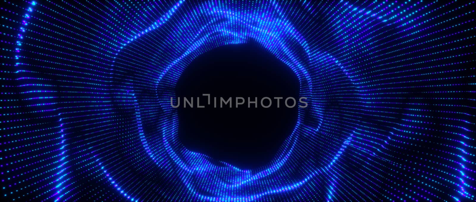 Abstract big data futuristic light wallpaper background design. Science dark pattern with structure mesh and circles. Modern business space dots illustration with bokeh. 3D render by Shanvood