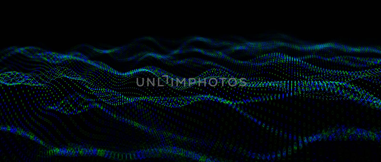 Abstract big data futuristic light wallpaper background design. Science dark pattern with structure mesh and circles. Modern business space dots illustration with bokeh. 3D render by Shanvood