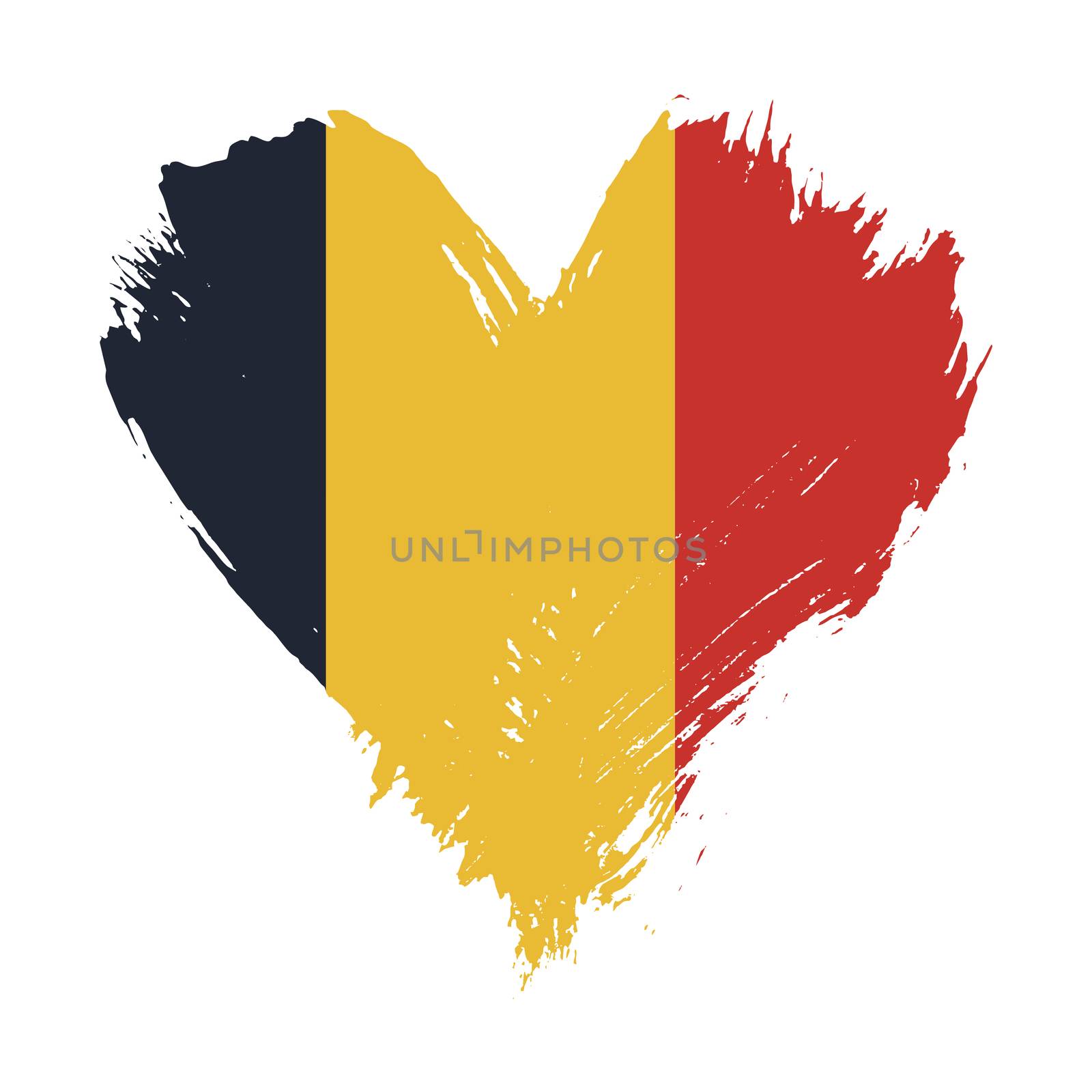 Grunge brushstroke painted illustration of heart shaped distressed Belgian flag isolated on white background