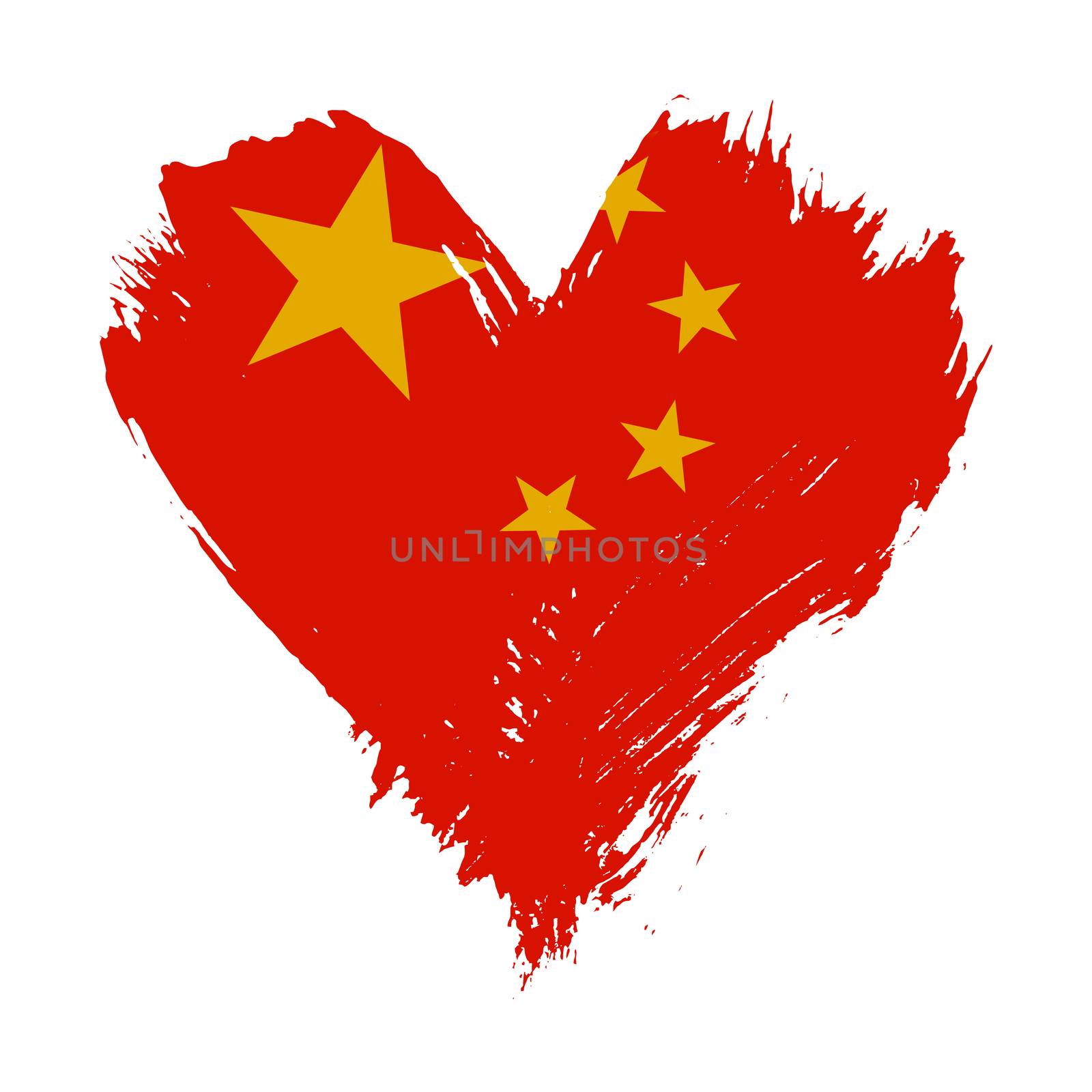 Grunge brushstroke painted illustration of heart shaped distressed Chinese flag isolated on white background