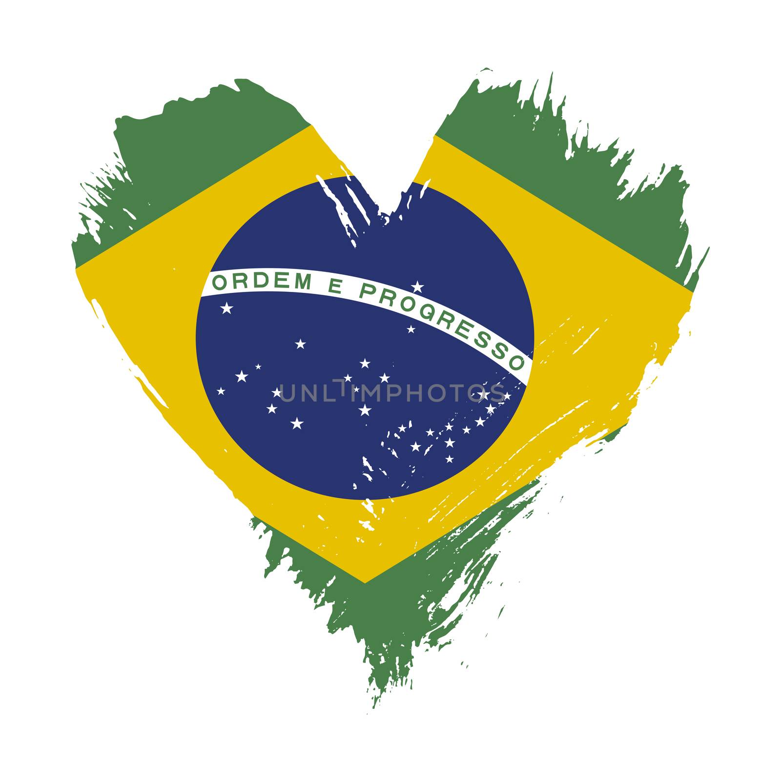 Grunge brushstroke painted illustration of heart shaped distressed Brazilian flag isolated on white background