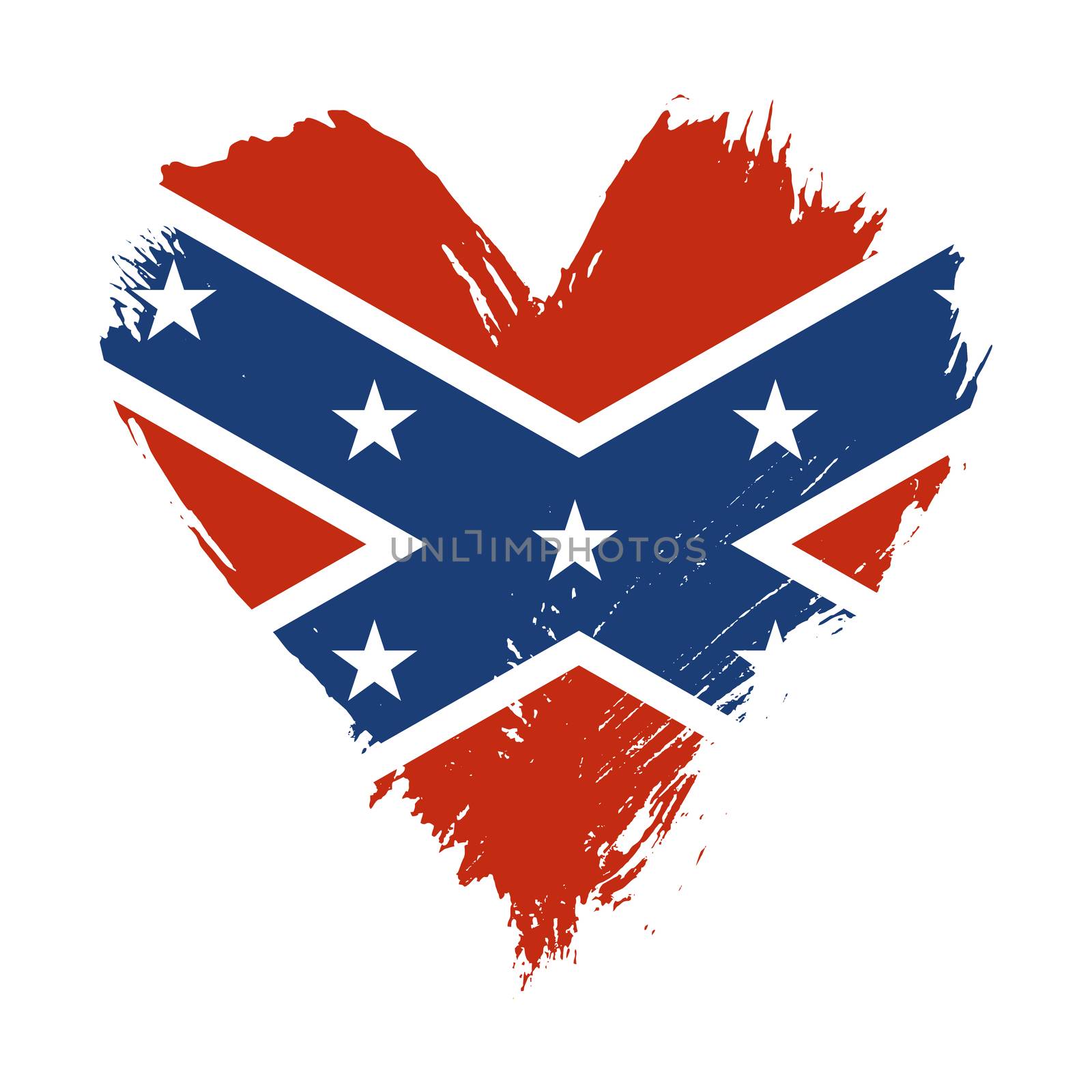 Grunge brushstroke painted illustration of heart shaped distressed American US Confederate flag isolated on white background