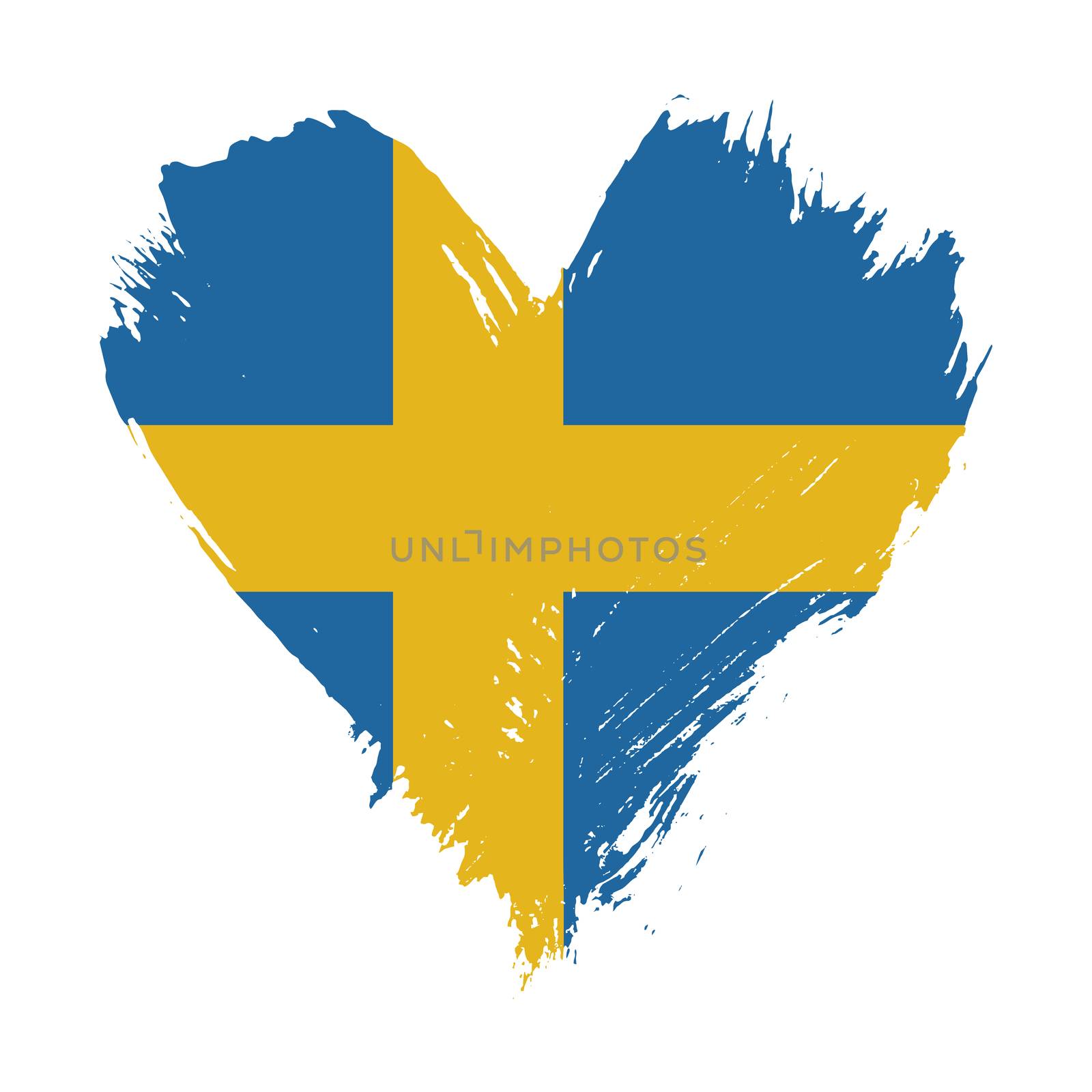 Grunge brushstroke painted illustration of heart shaped distressed Swedish flag isolated on white background