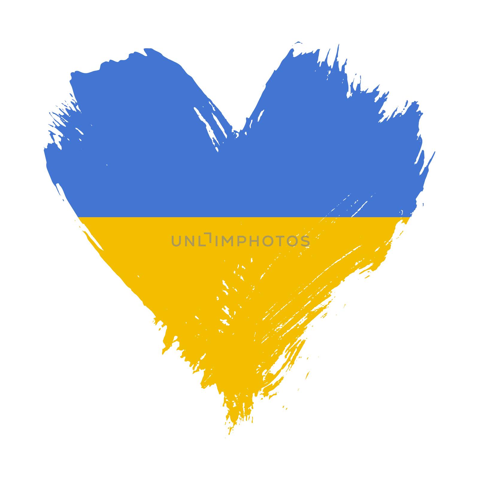 Grunge brushstroke painted illustration of heart shaped distressed Ukrainian flag isolated on white background