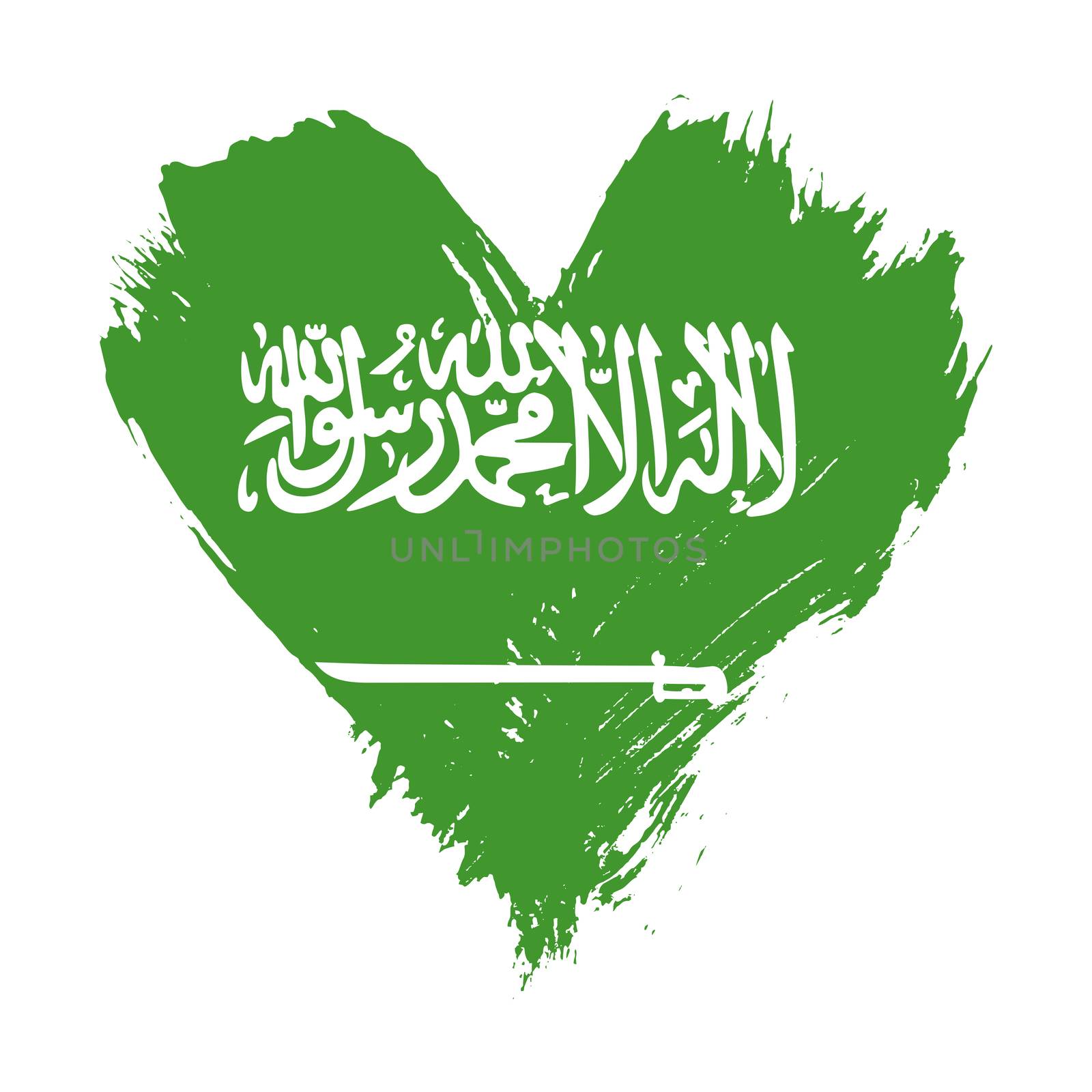 Grunge brushstroke painted illustration of heart shaped distressed Saudi Arabia KSA flag isolated on white background
