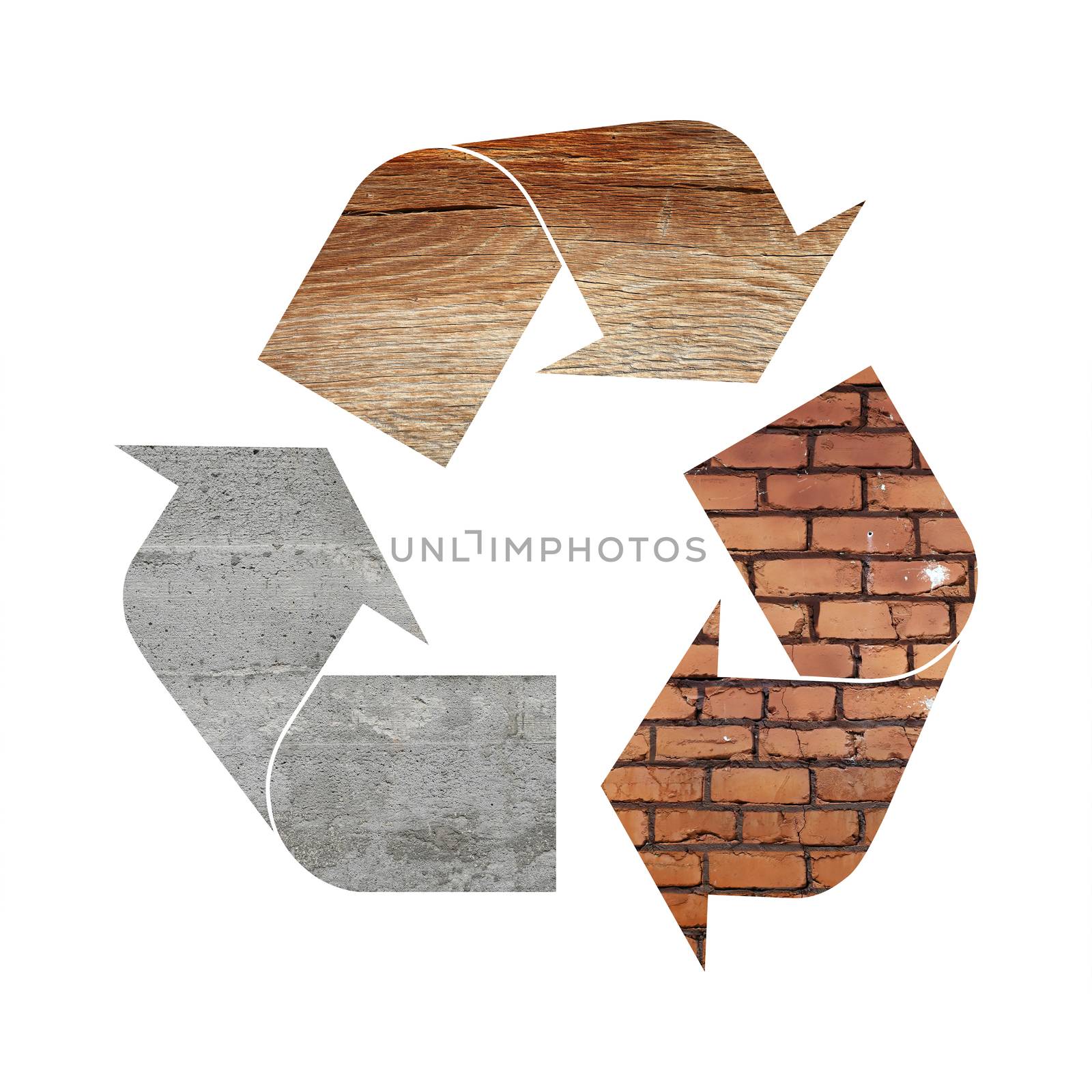Illustration recycling symbol of different industrial construction materials, concrete, wood and bricks, isolated on white background