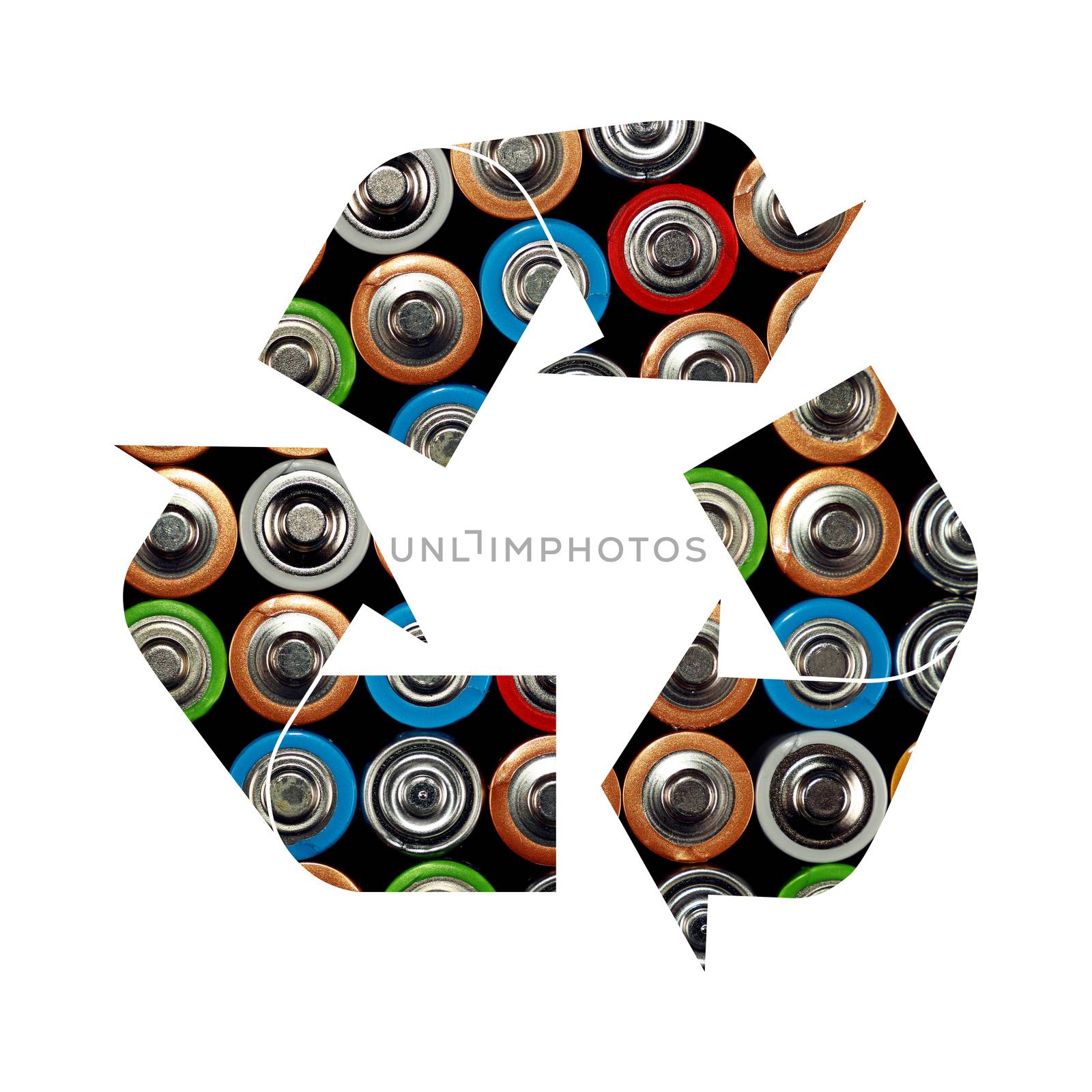 Illustration of recycling symbol of assorted alkaline batteries isolated on white background