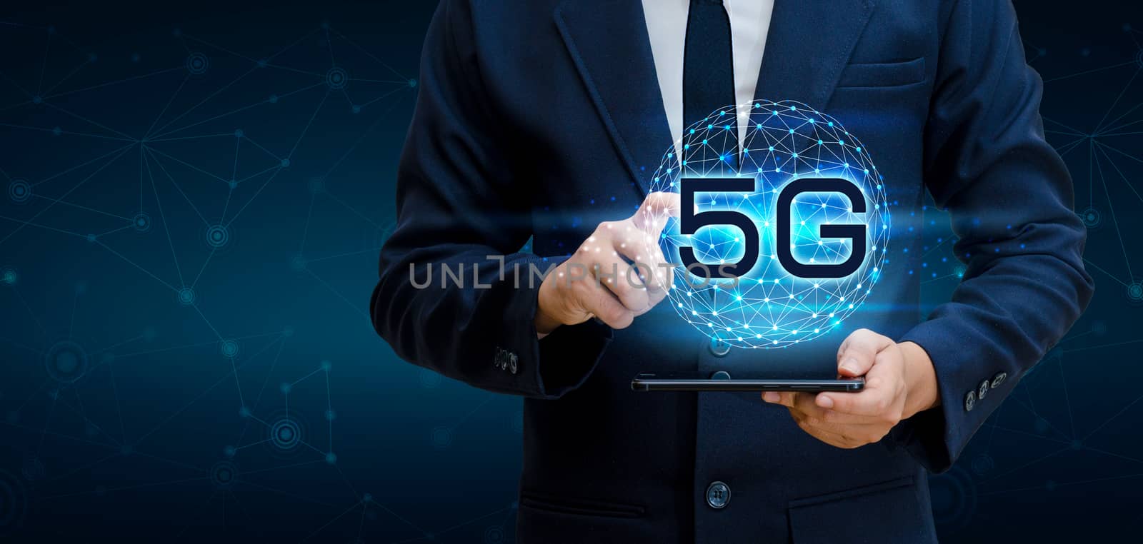 phone 5g Earth businessman connect worldwide waiter hand holding an empty digital tablet with smart and 5G network connection concept by sarayut_thaneerat