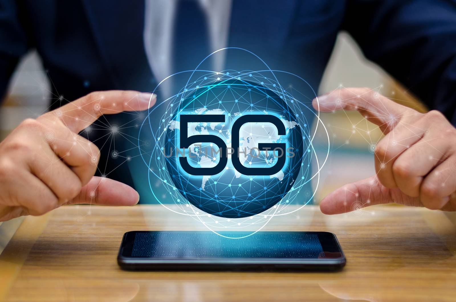 phone 5g Earth businessman connect worldwide waiter hand holding an empty digital tablet with smart and 5G network connection concept