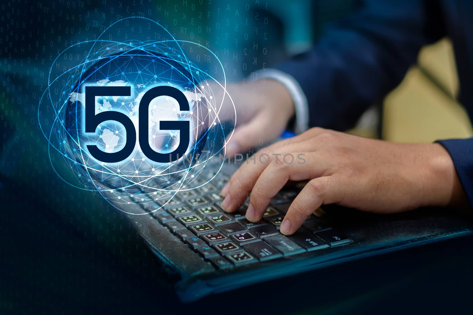 phone computer 5g Earth businessman connect worldwide waiter hand holding an empty digital tablet with smart and 5G network connection concept