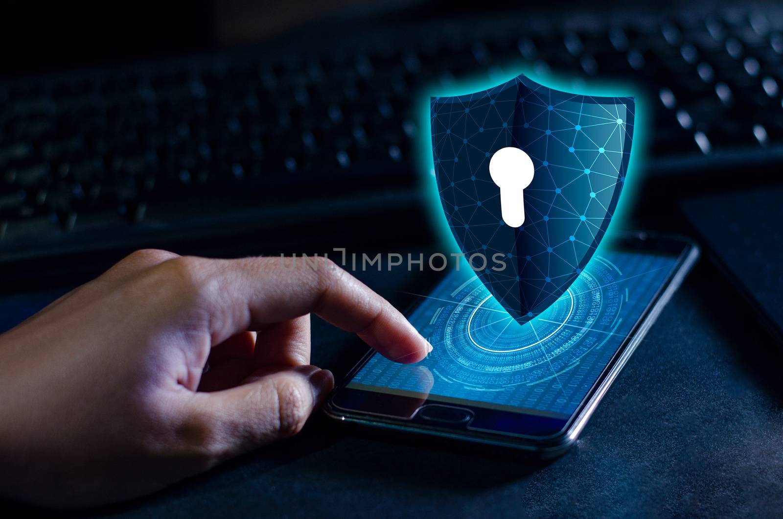 Shield Internet phone Smartphone is protected from hacker attacks, Firewall Businesspeople press the protected phone on the internet. space put message by sarayut_thaneerat