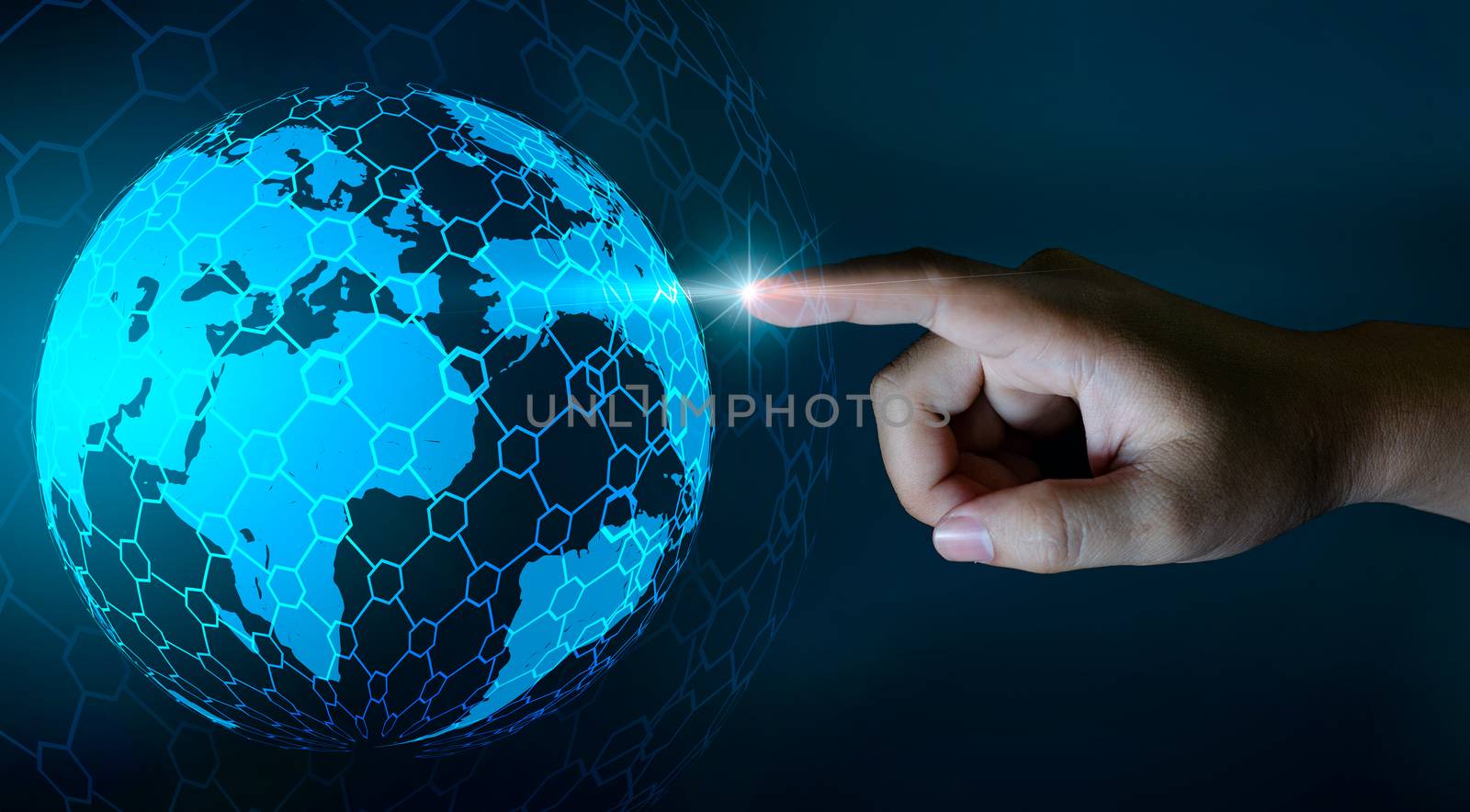 World Map In the hands of a businessman network technology and communication Space input data