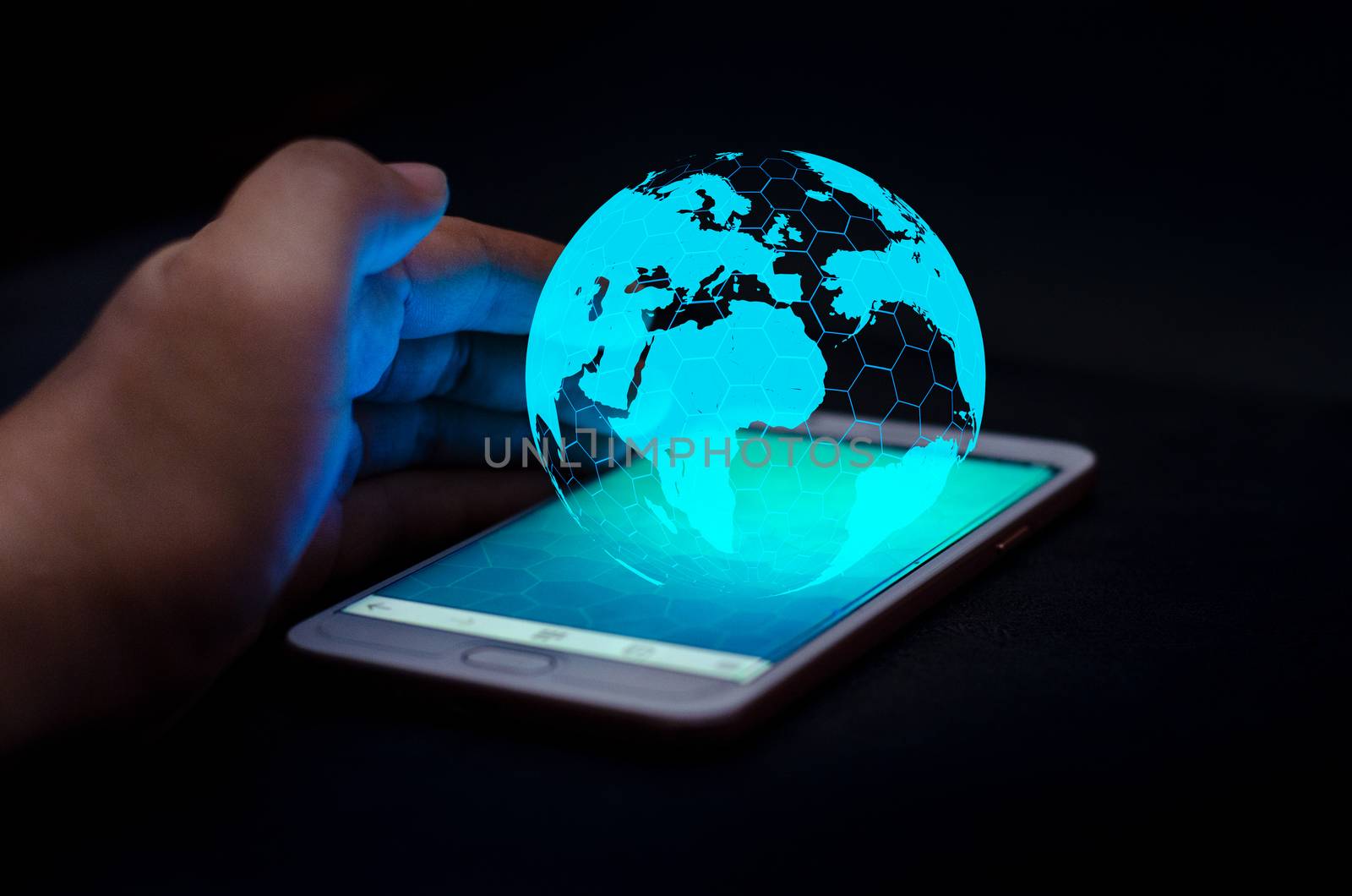 Smart Phones and Globe Connections Uncommon communication world Internet Businesspeople press the phone to communicate in the Internet. Space put message Blue tone by sarayut_thaneerat