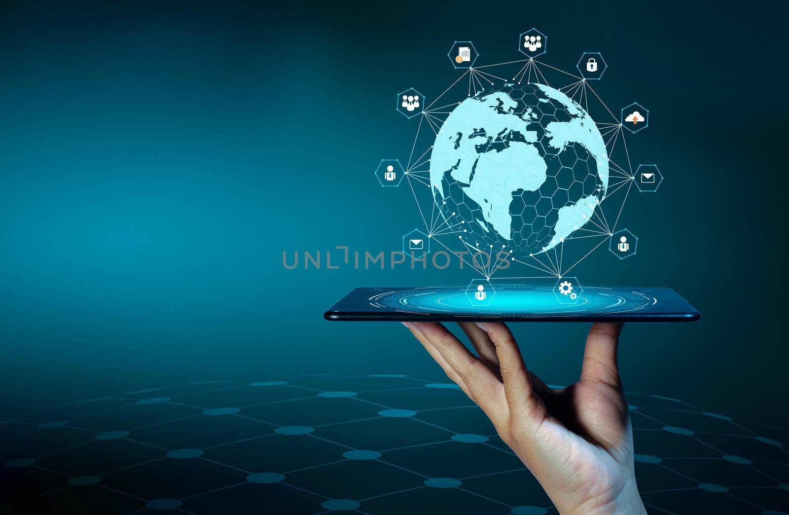 Smart Phones and Globe Connections Uncommon communication world Internet Businesspeople press the phone to communicate in the Internet. Space put message Blue tone by sarayut_thaneerat