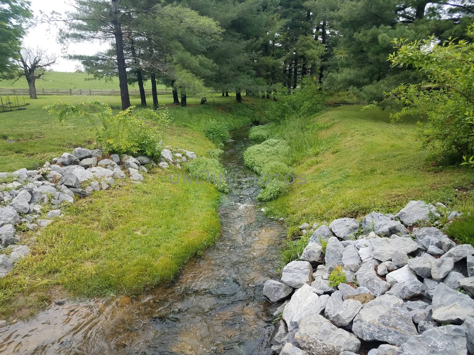 creek or stream with rocks and green grass by stockphotofan1