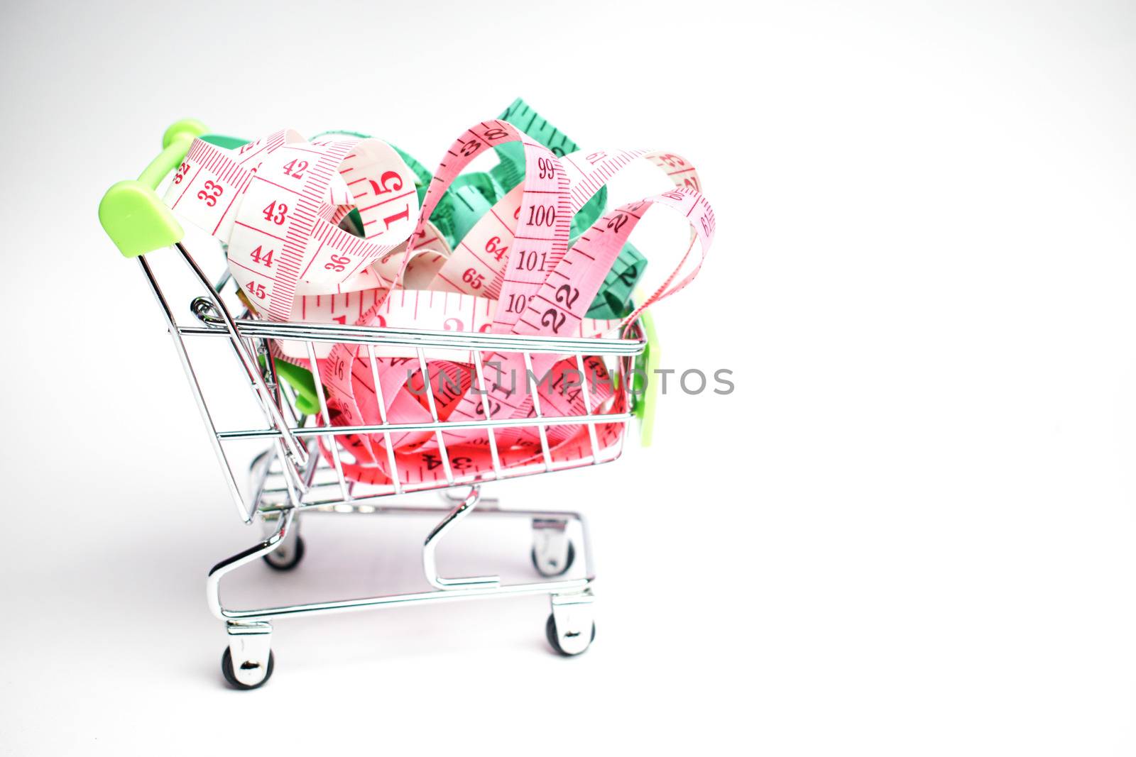 A shopping cart with some tape measures inside