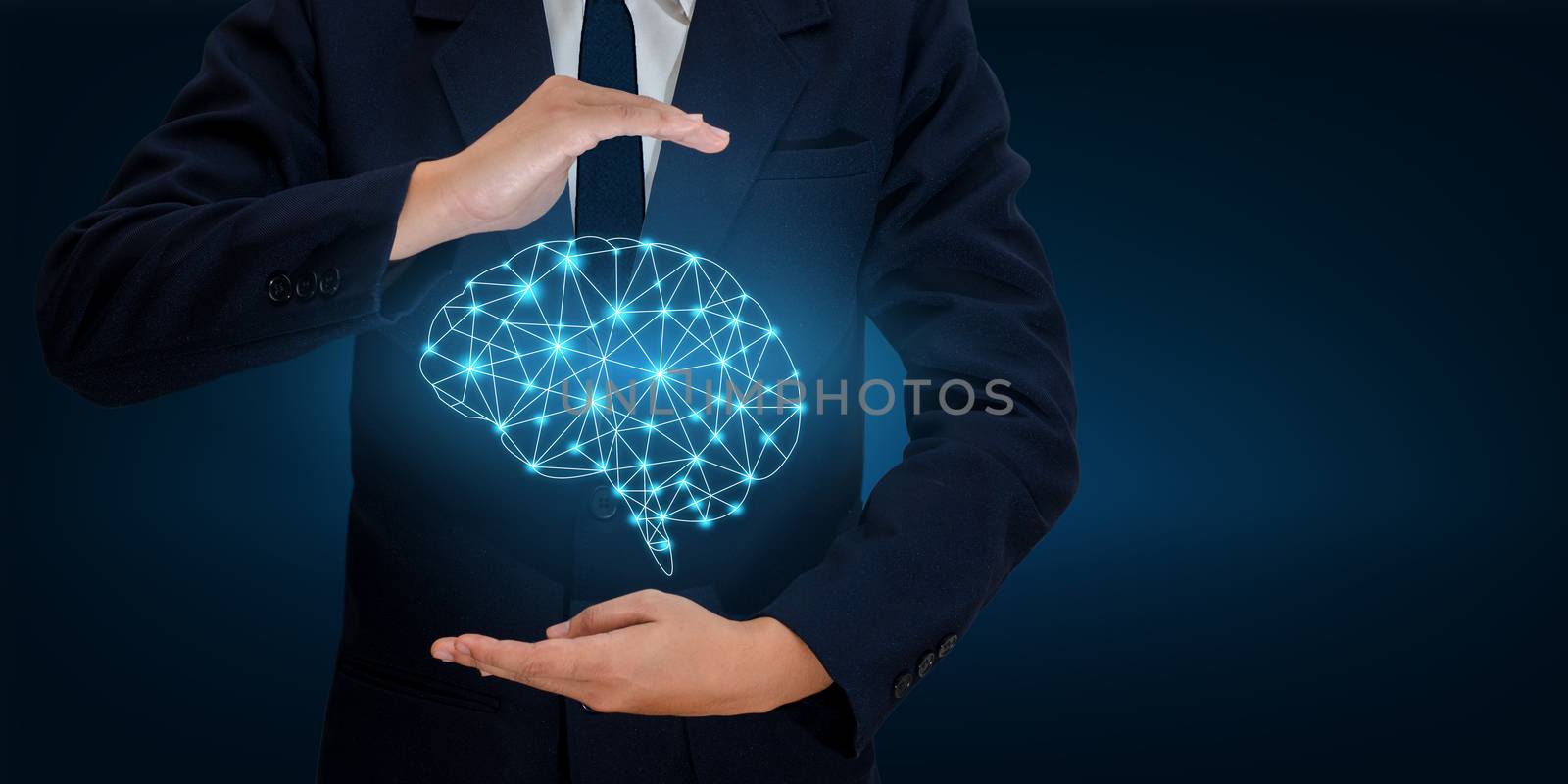 AI Hand Businesspeople press the phone. Brain Graphic Binary Blue Technology