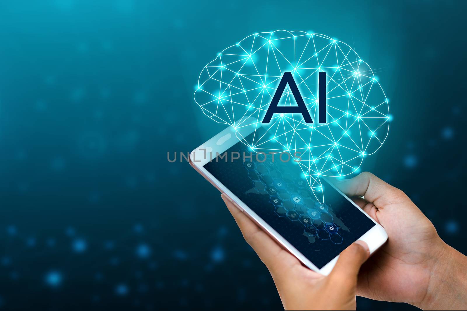 AI Hand Businesspeople press the phone. Brain Graphic Binary Blue Technolog