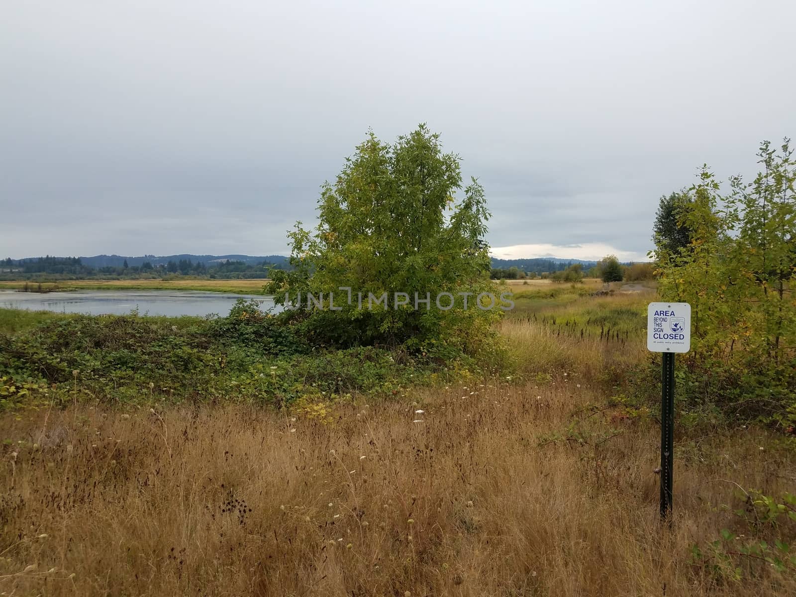 area beyond this sign closed and brown grasses and trees and lake