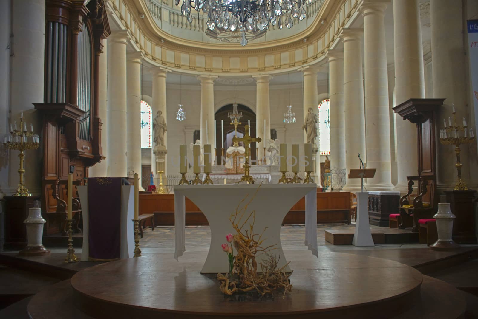 Impressive interior of an Catholic church in Avranches, France