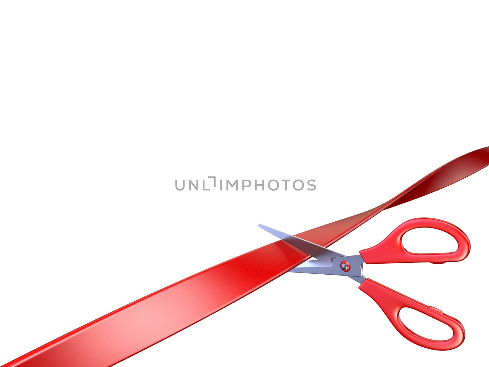 Scissors cutting red ribbon 3D render illustration isolated on white background