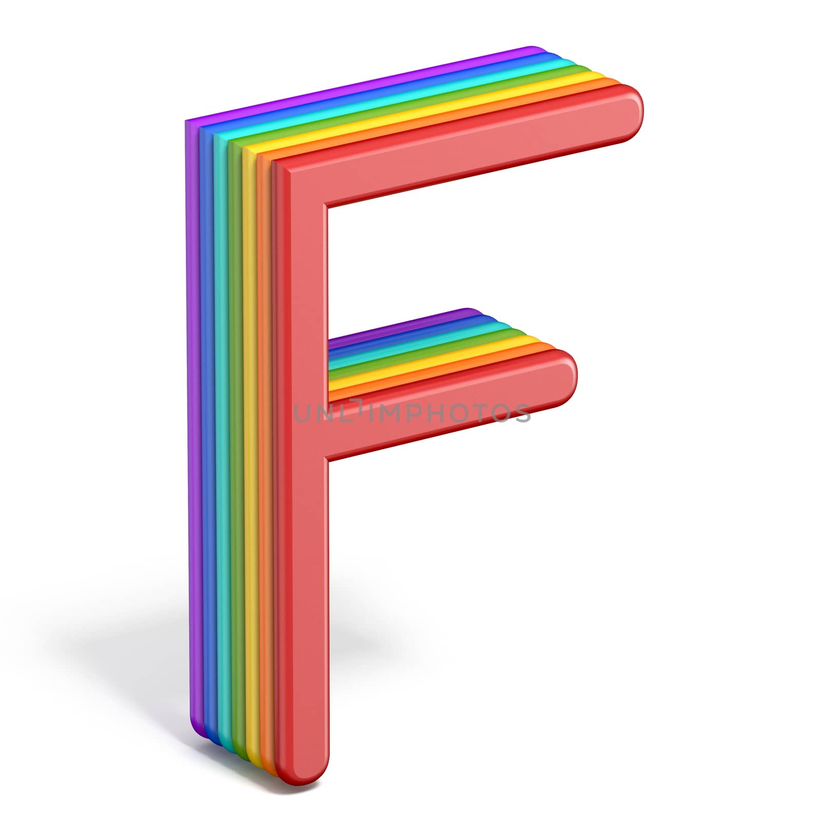 Rainbow font letter F 3D rendering illustration isolated on white background