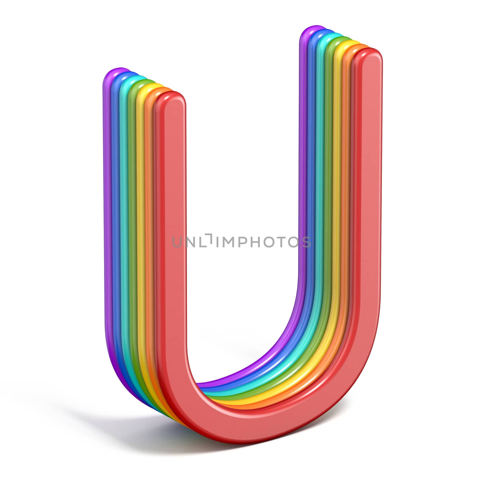Rainbow font letter U 3D rendering illustration isolated on white background