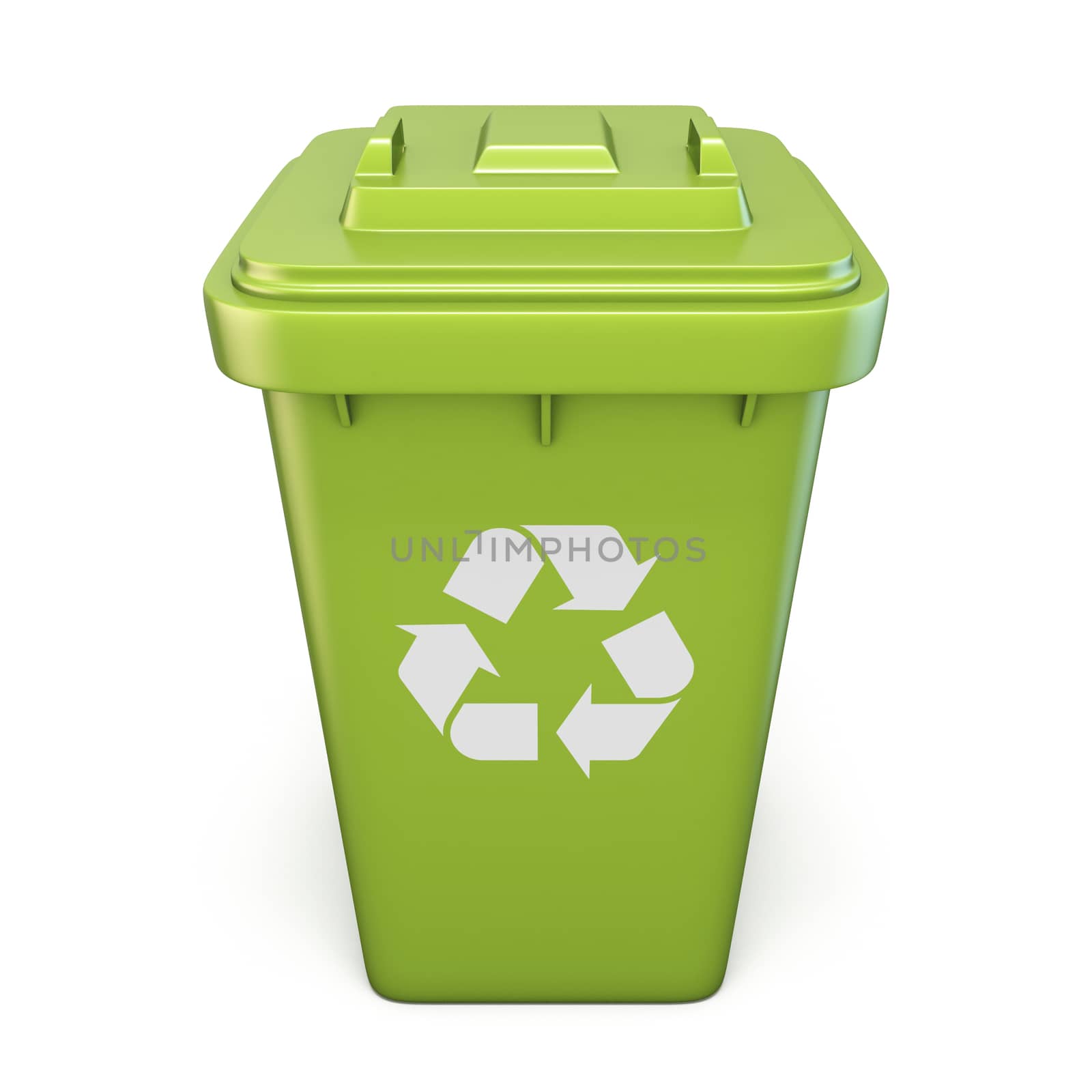 Green plastic recycle bin closed front view 3D render illustration isolated on white background