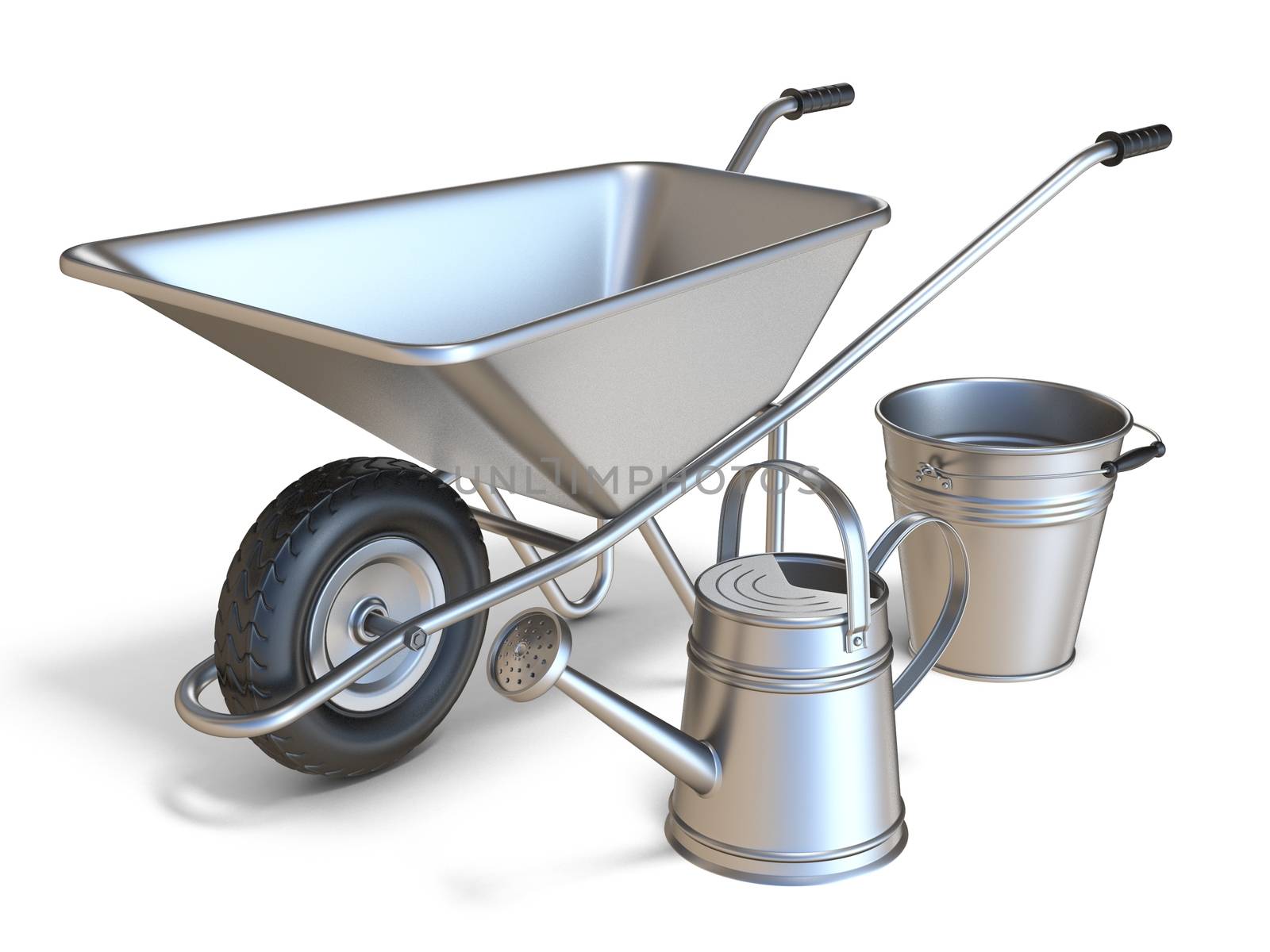 Wheelbarrow with watering can and metal bucket 3D render illustration isolated on white background