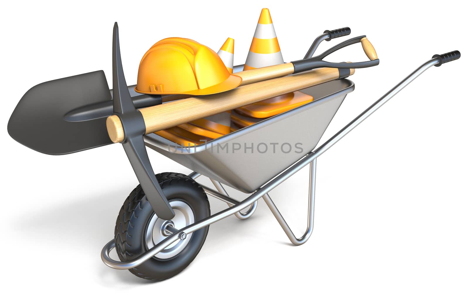 Wheelbarrow with shovel, pickaxe, traffic cones and hardhat 3D render illustration isolated on white background