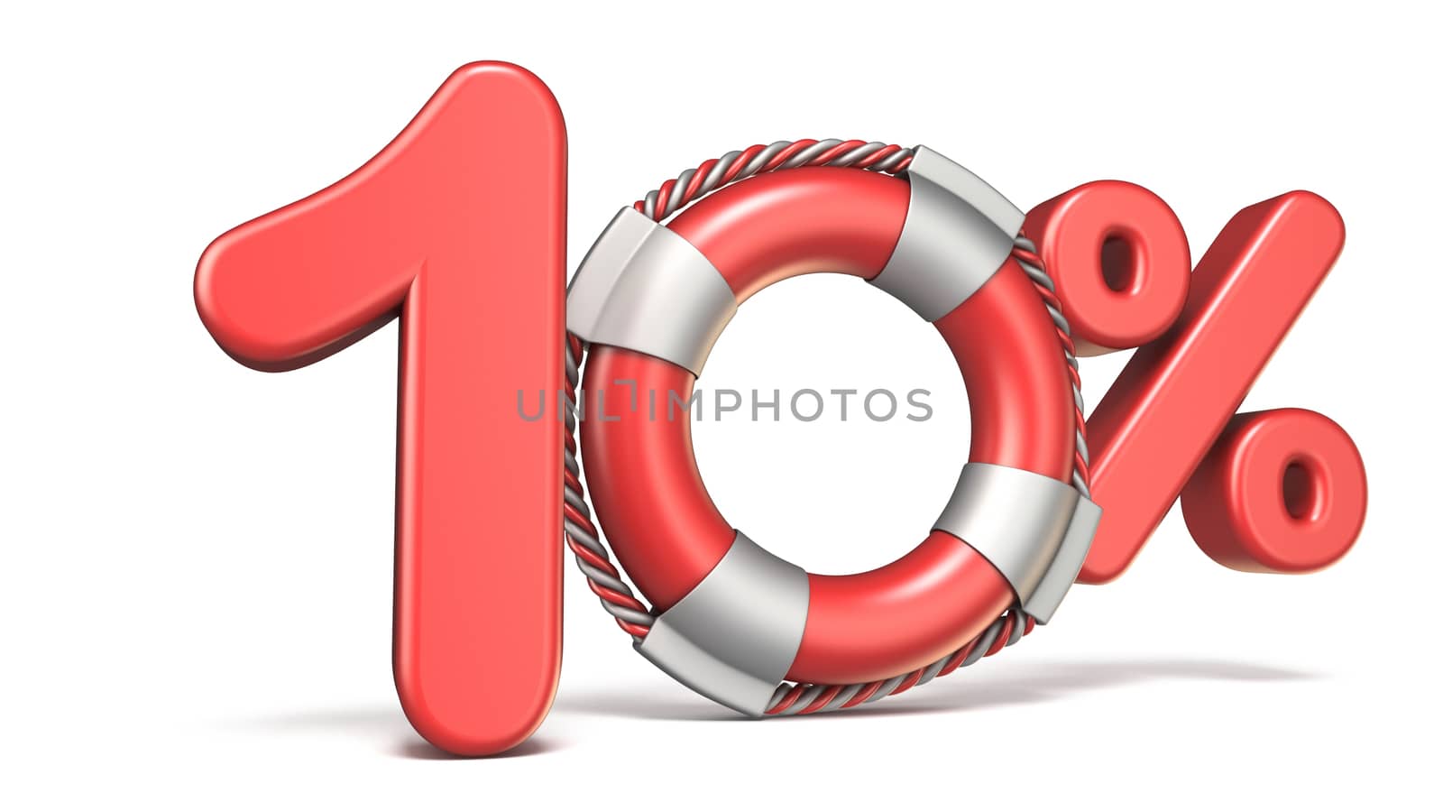 Life buoy 10 percent sign 3D render illustration isolated on white background