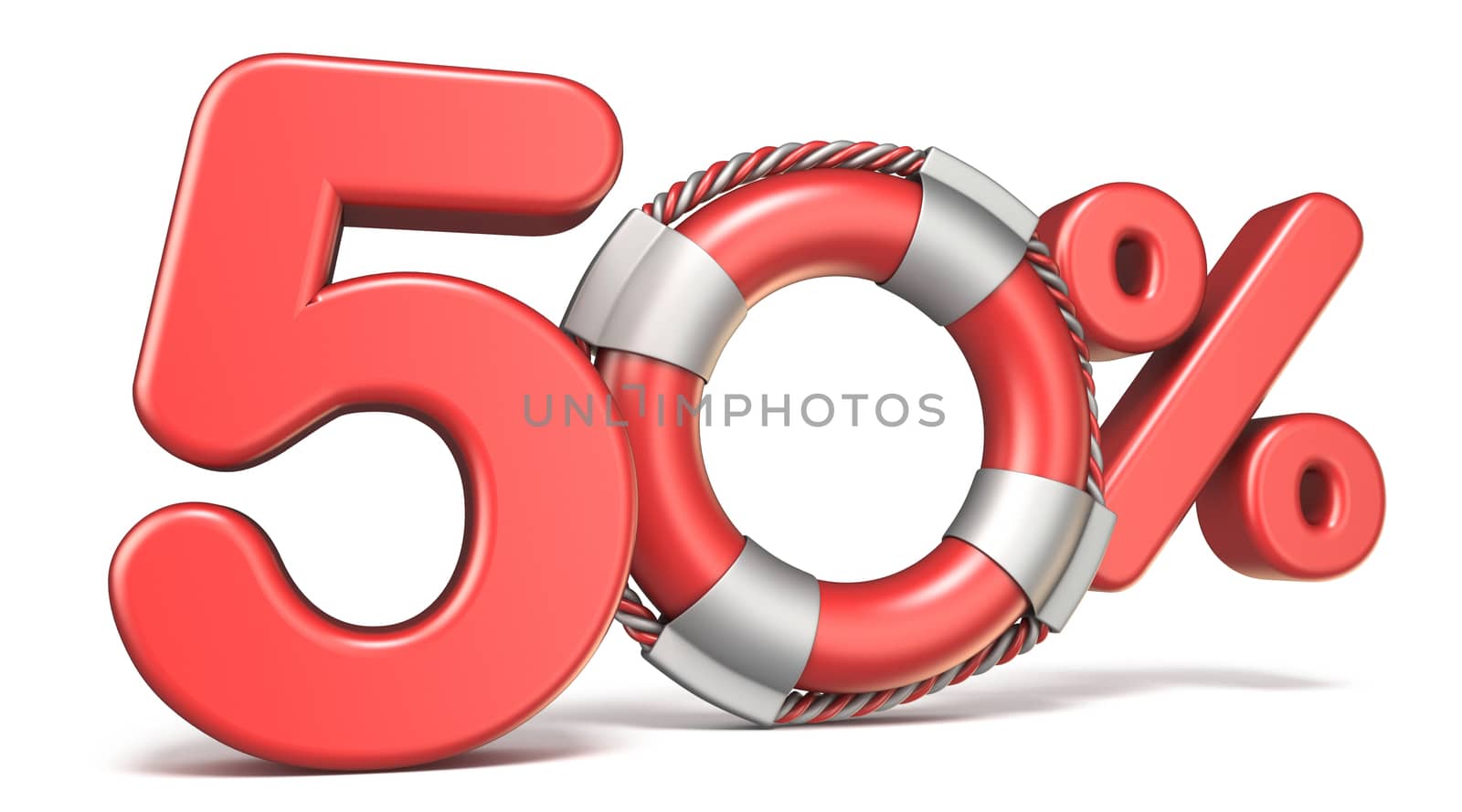 Life buoy 50 percent sign 3D render illustration isolated on white background