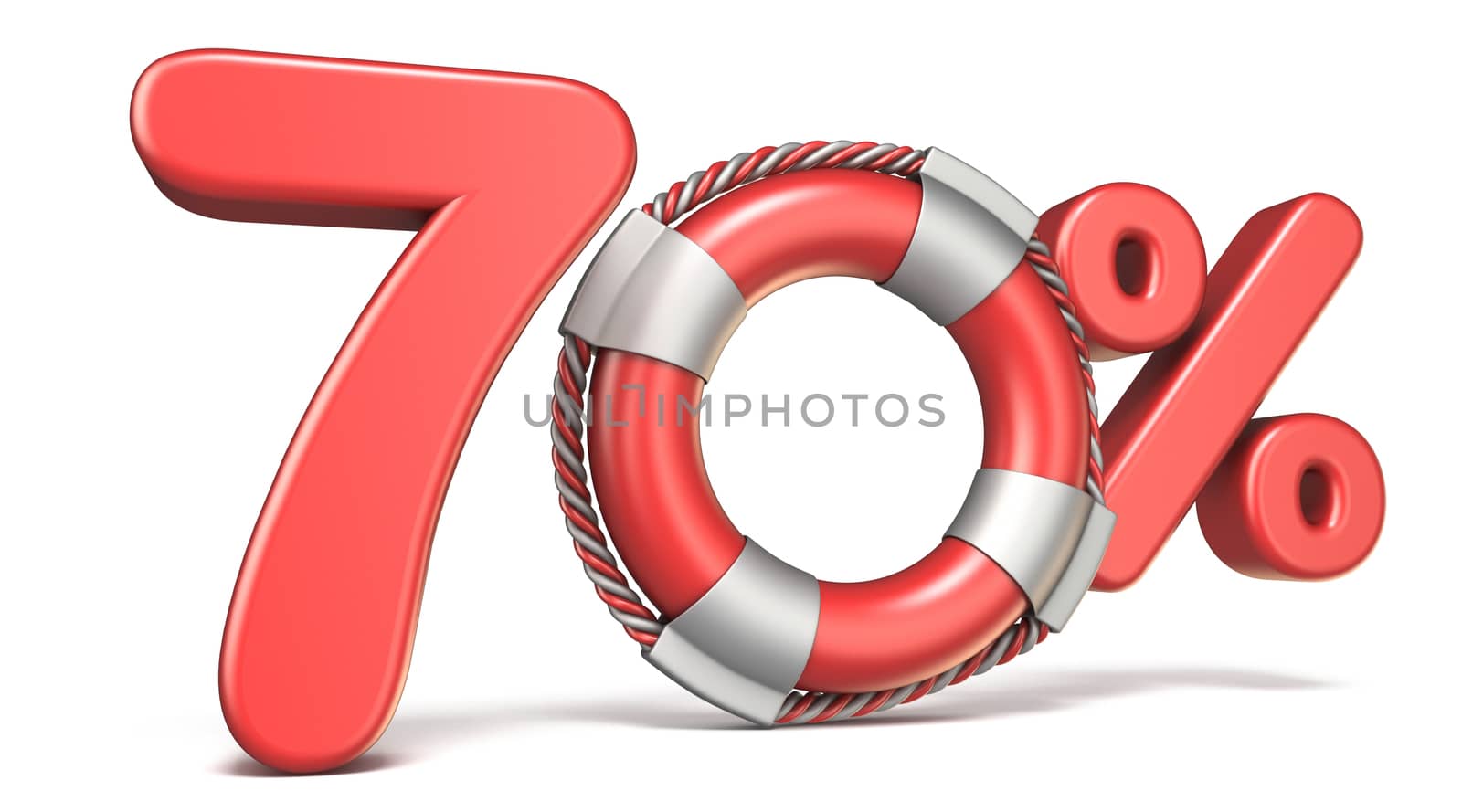 Life buoy 70 percent sign 3D render illustration isolated on white background