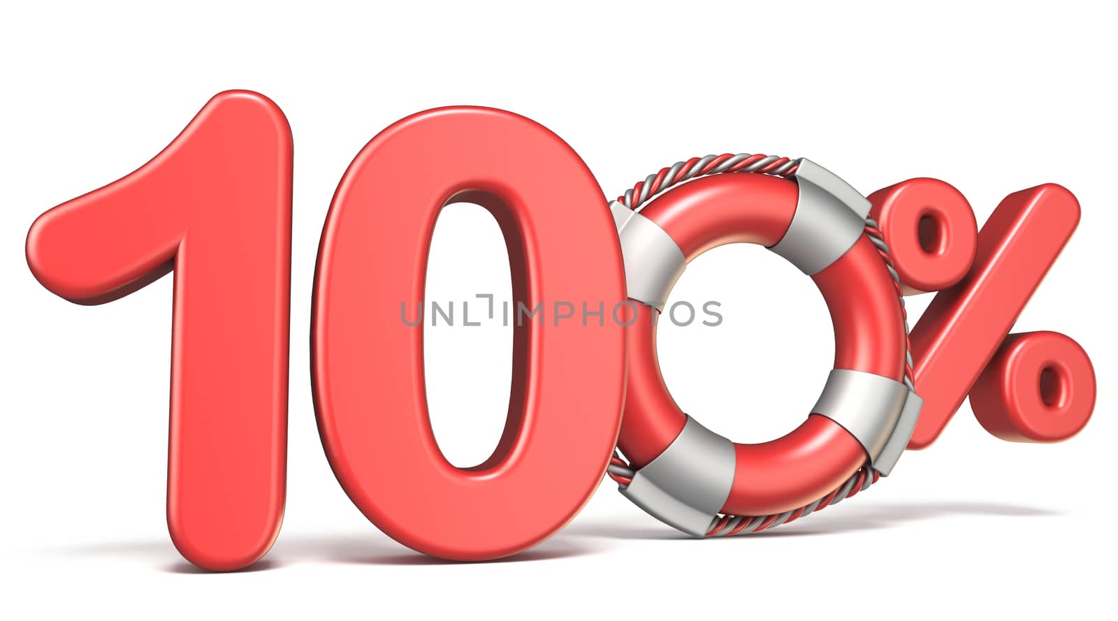 Life buoy 100 percent sign 3D render illustration isolated on white background